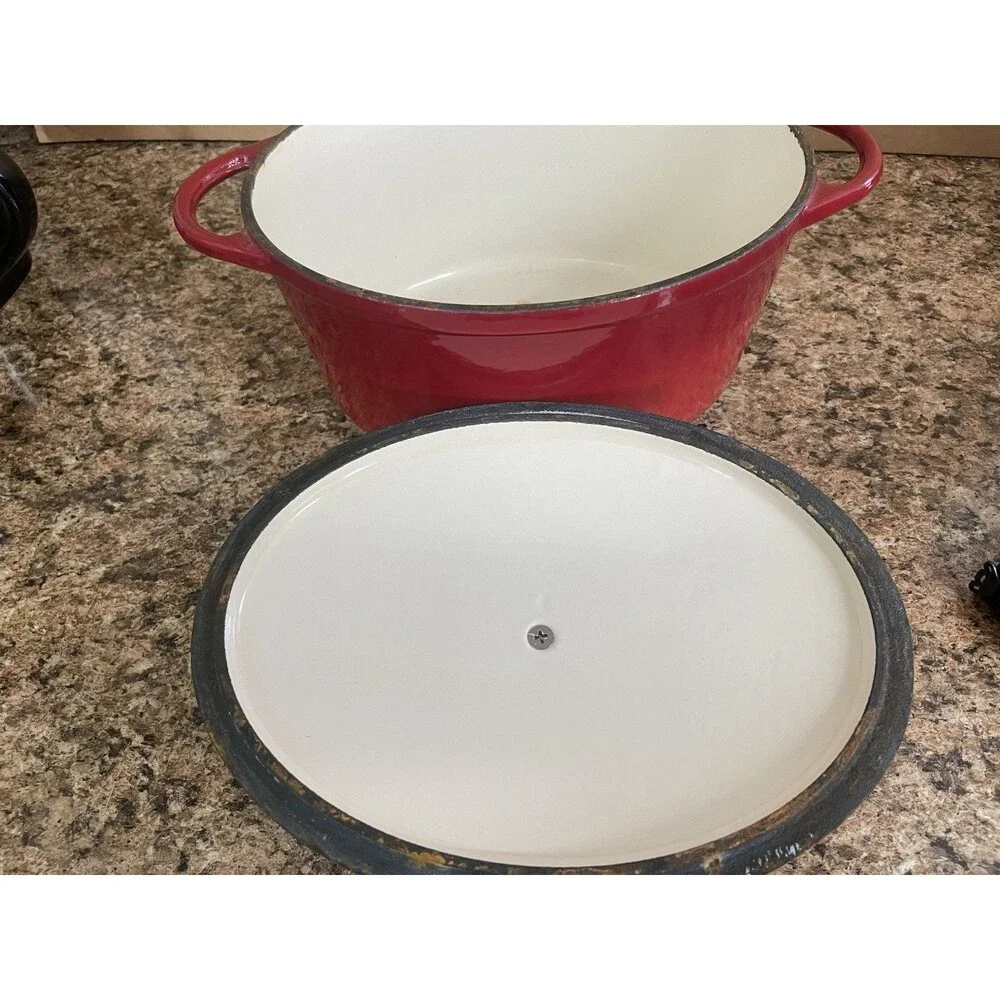 Vintage Red Enamel Cast Iron Dutch oven with Lid Double Handle